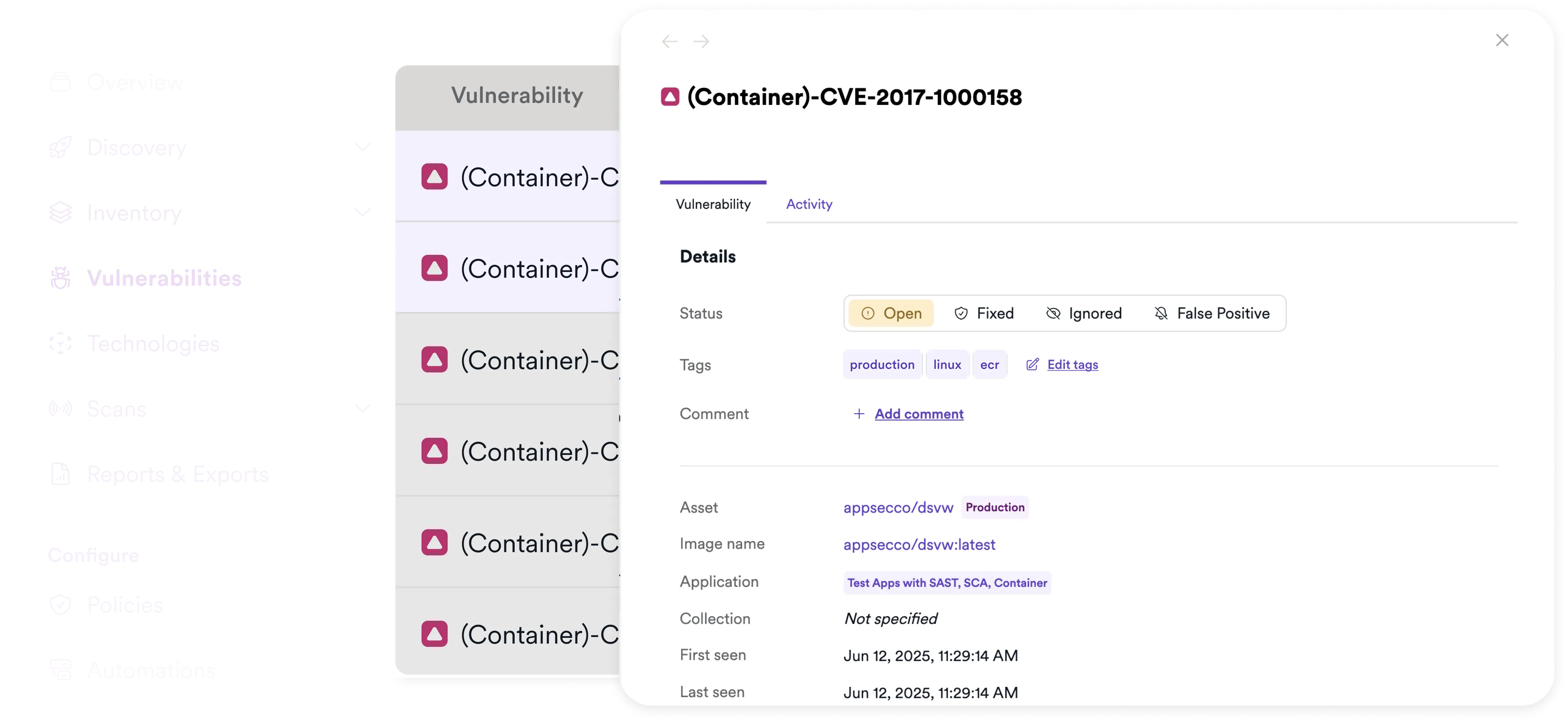 Invicti container vulnerability detail panel showing a CVE finding with asset and image details
